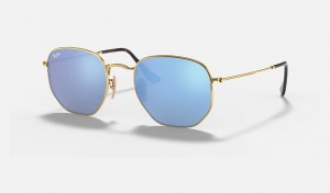 Ray-Ban Hexagonal Flat Lenses Sunglasses Gold and Light Blue RB3548