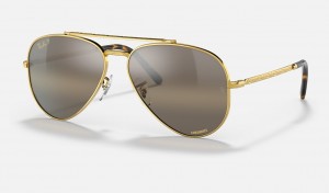 Ray-Ban New Aviator Sunglasses Gold and Silver Brown Chromance RB3625